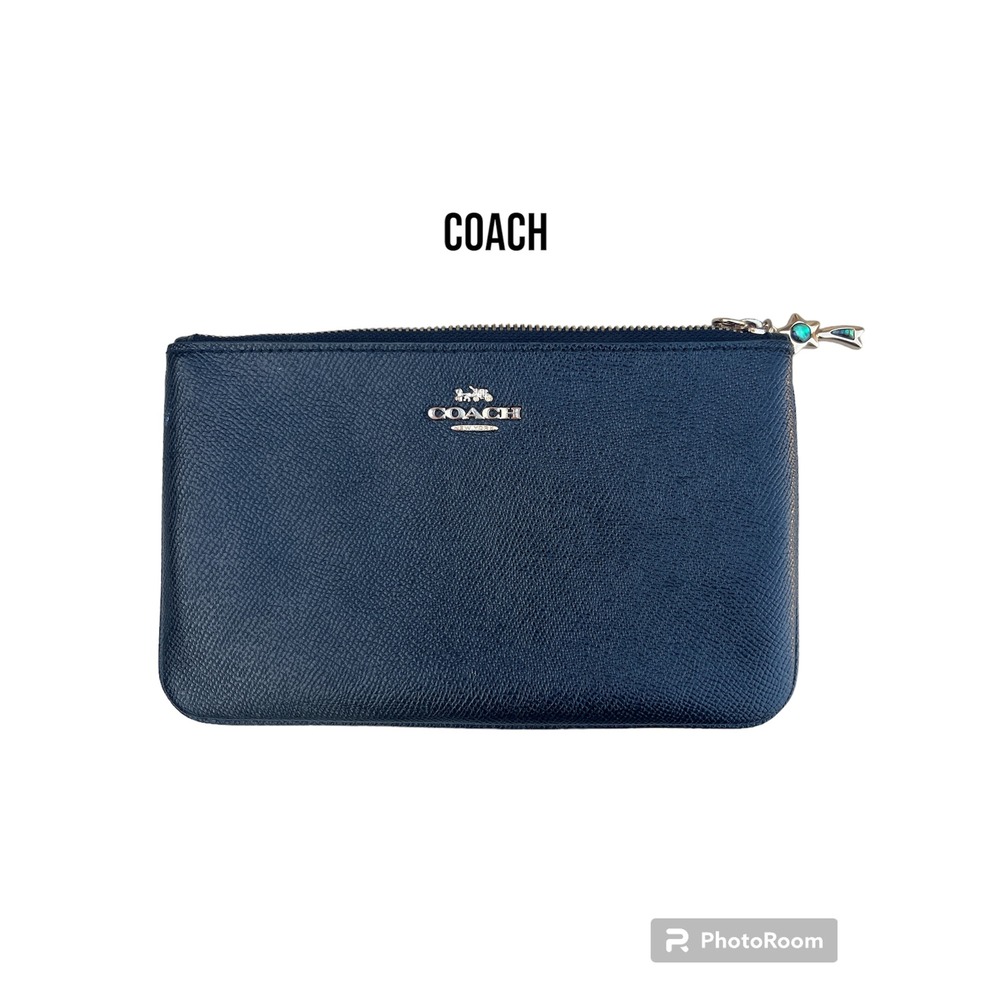 Coach Navy Blue Crossgrain Leather Wristlet Shooting Star Zipper Pull Pouch
